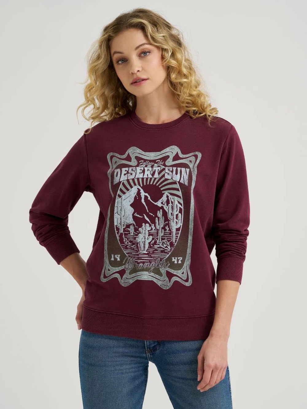💚 Wrangler Desert Sun Graphic Sweatshirt Women’s XL Burgundy Western Pullover
